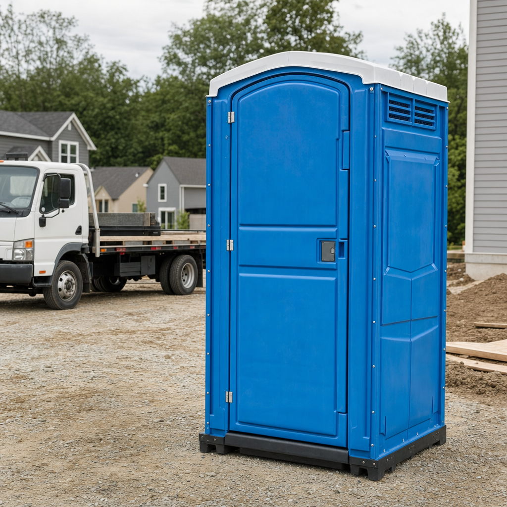 Delivery driver positioning a clean royal-blue portable toilet on level ground at a Methuen worksite