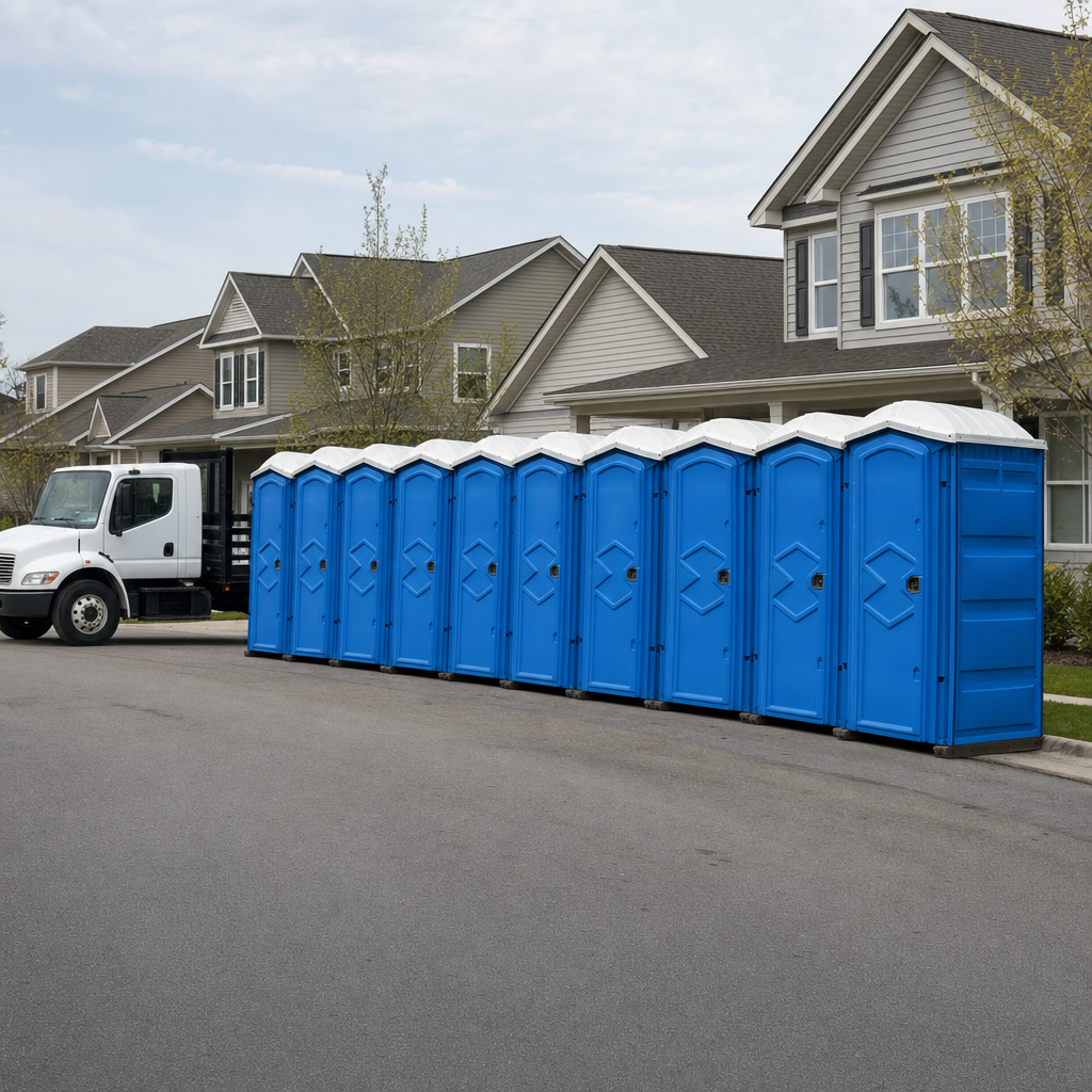 Royal blue portable toilets staged in a tidy row at a Methuen jobsite, ready for delivery