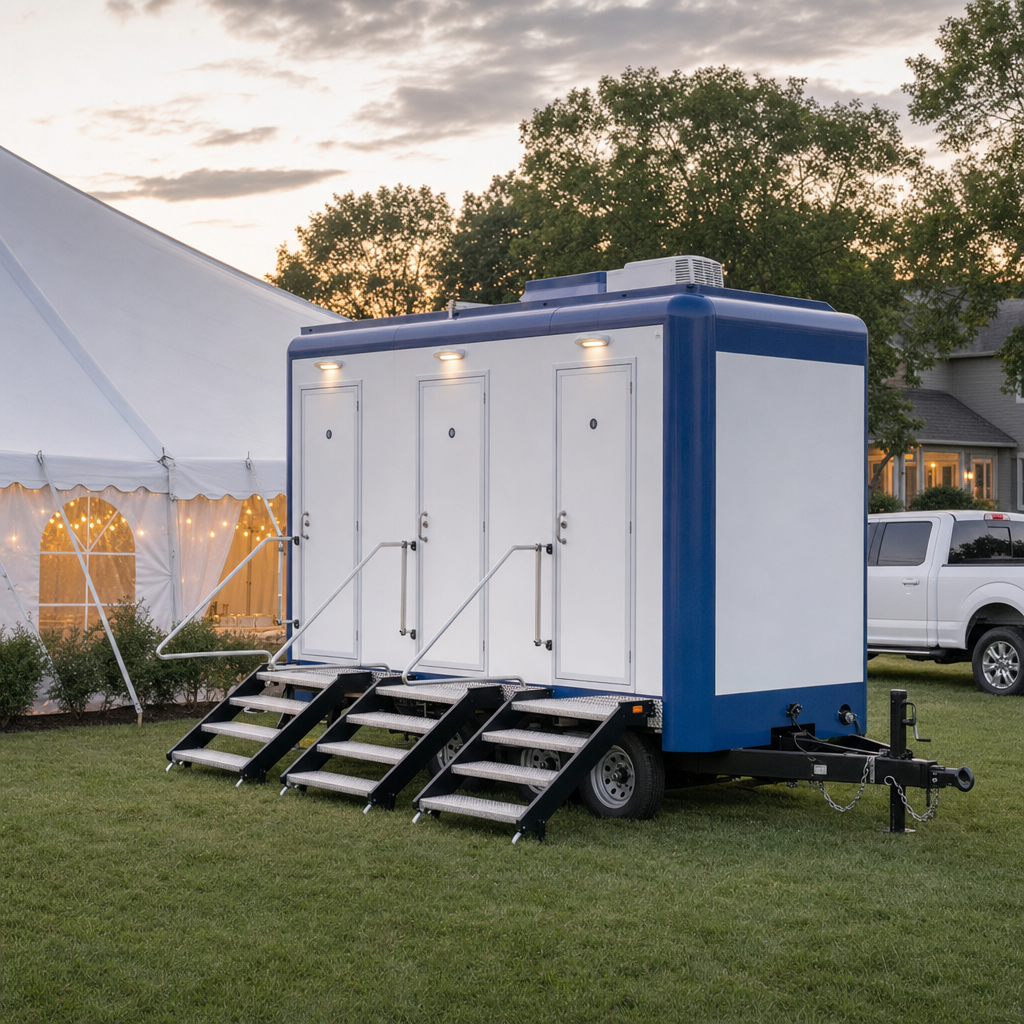 White luxury restroom trailer leveled with fold down stairs and handrails positioned near a tented outdoor wedding reception at sunset